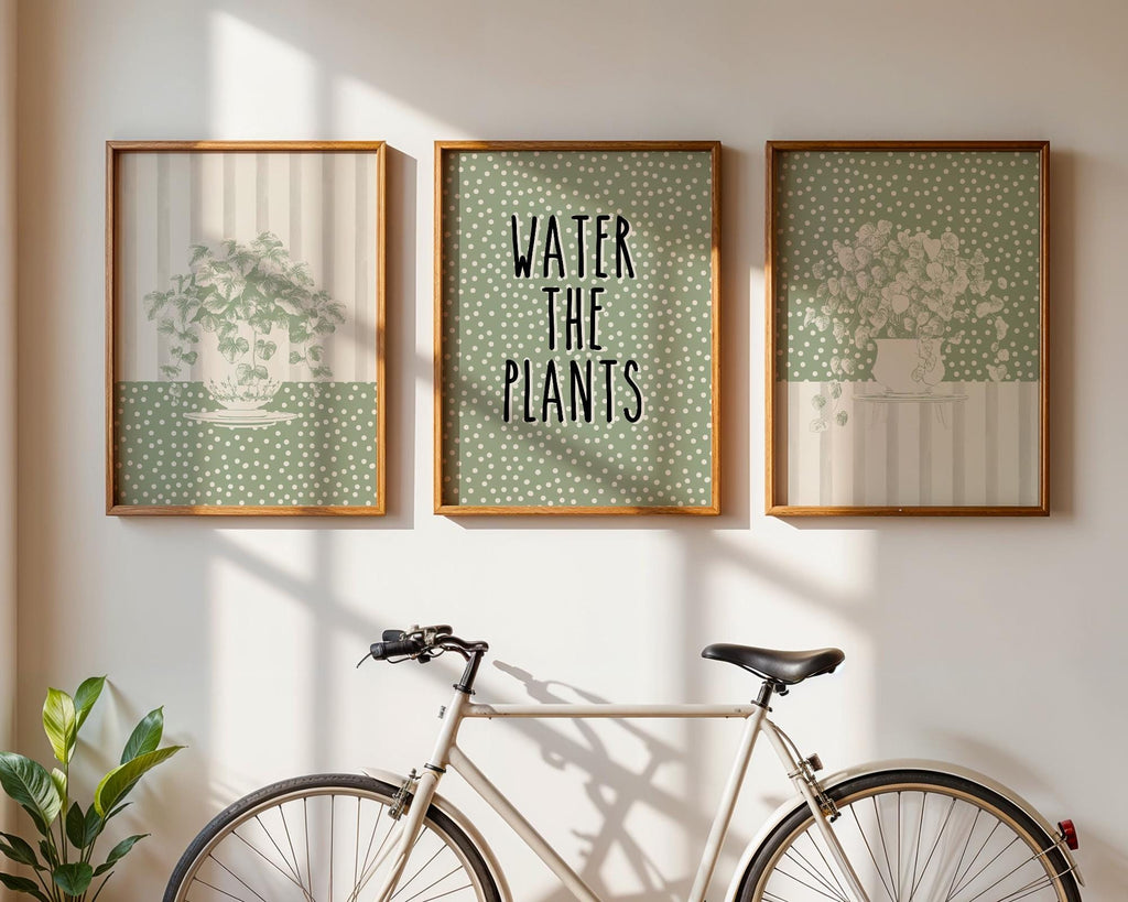 Sage Wall Art Set of 3 Botanical Prints, Water The Plants Wall Art Bundle, Green Boho Abstract Plants Wall Decor Poster, Above Sofa Prints