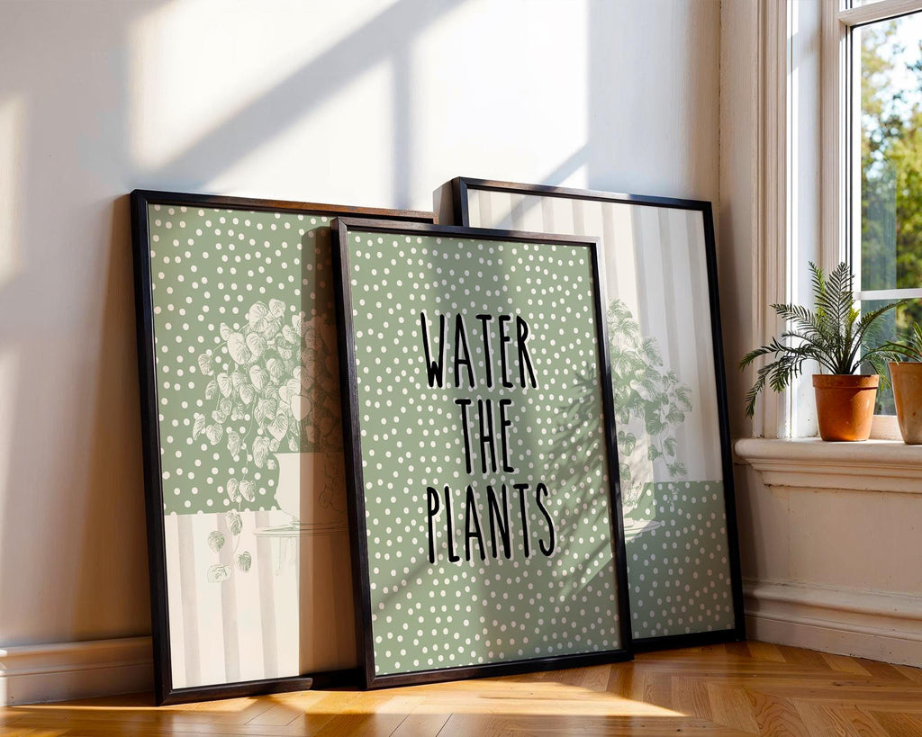 Sage Wall Art Set of 3 Botanical Prints, Water The Plants Wall Art Bundle, Green Boho Abstract Plants Wall Decor Poster, Above Sofa Prints