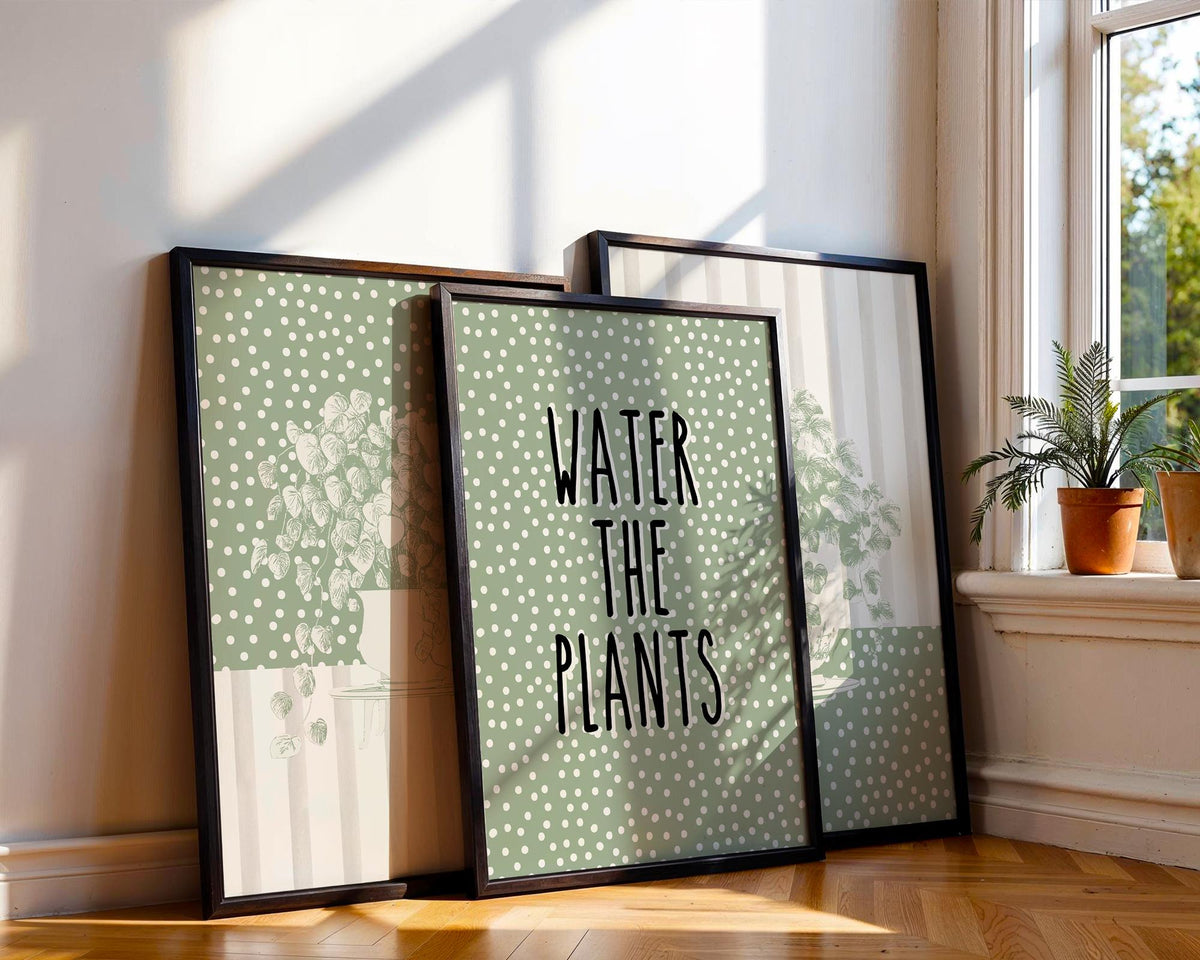 Sage Wall Art Set of 3 Botanical Prints, Water The Plants Wall Art Bundle, Green Boho Abstract Plants Wall Decor Poster, Above Sofa Prints