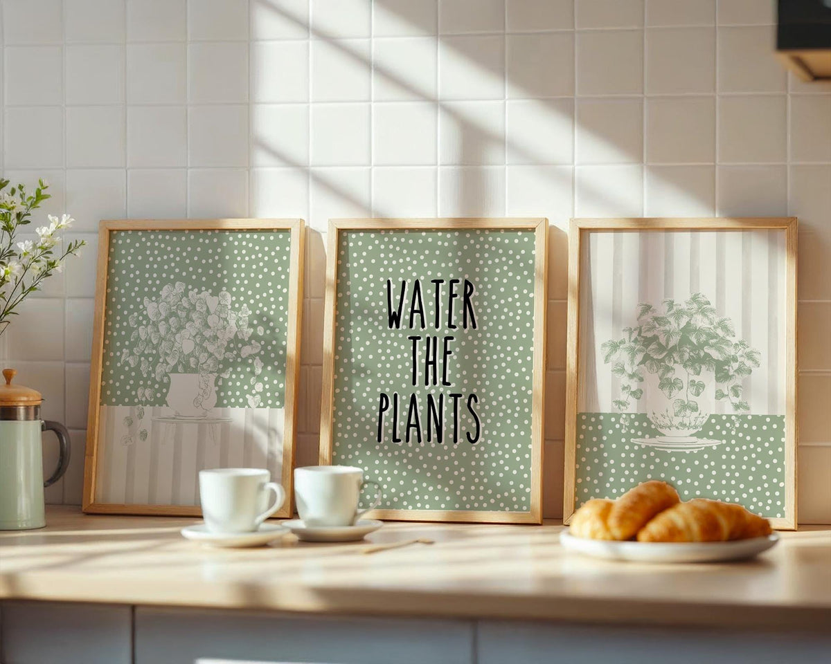 Sage Wall Art Set of 3 Botanical Prints, Water The Plants Wall Art Bundle, Green Boho Abstract Plants Wall Decor Poster, Above Sofa Prints