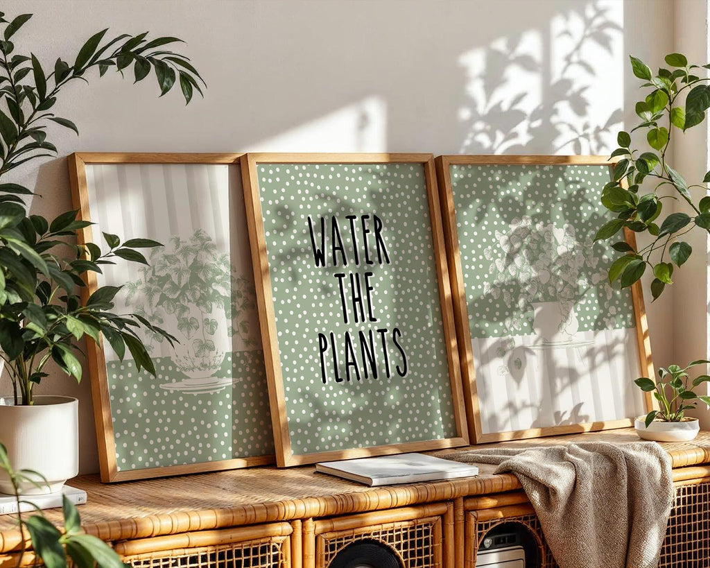 Sage Wall Art Set of 3 Botanical Prints, Water The Plants Wall Art Bundle, Green Boho Abstract Plants Wall Decor Poster, Above Sofa Prints