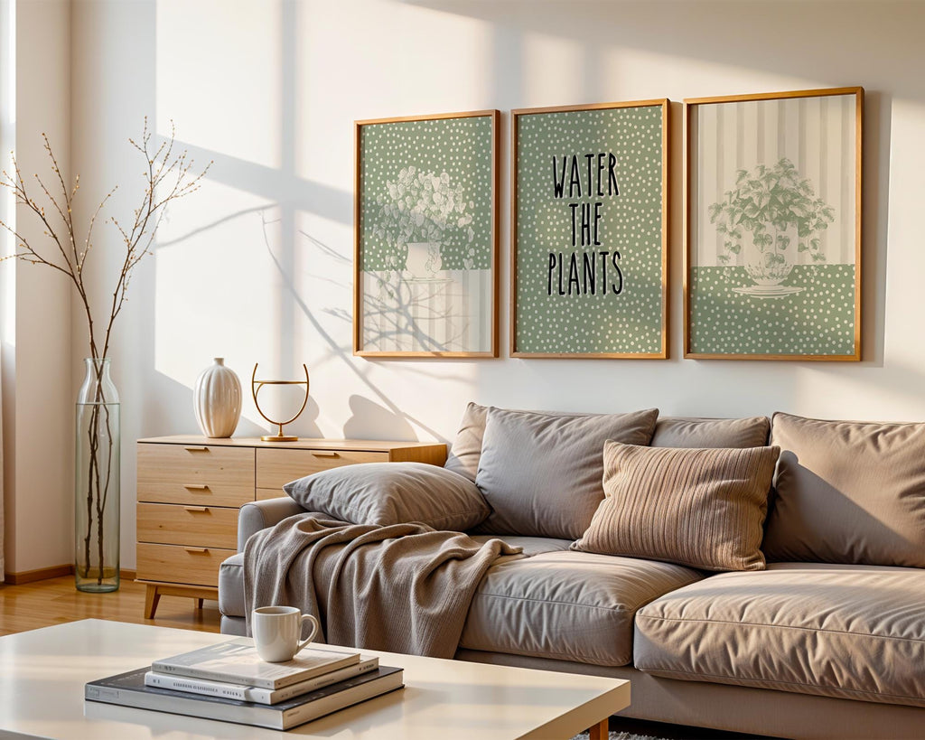 Sage Wall Art Set of 3 Botanical Prints, Water The Plants Wall Art Bundle, Green Boho Abstract Plants Wall Decor Poster, Above Sofa Prints