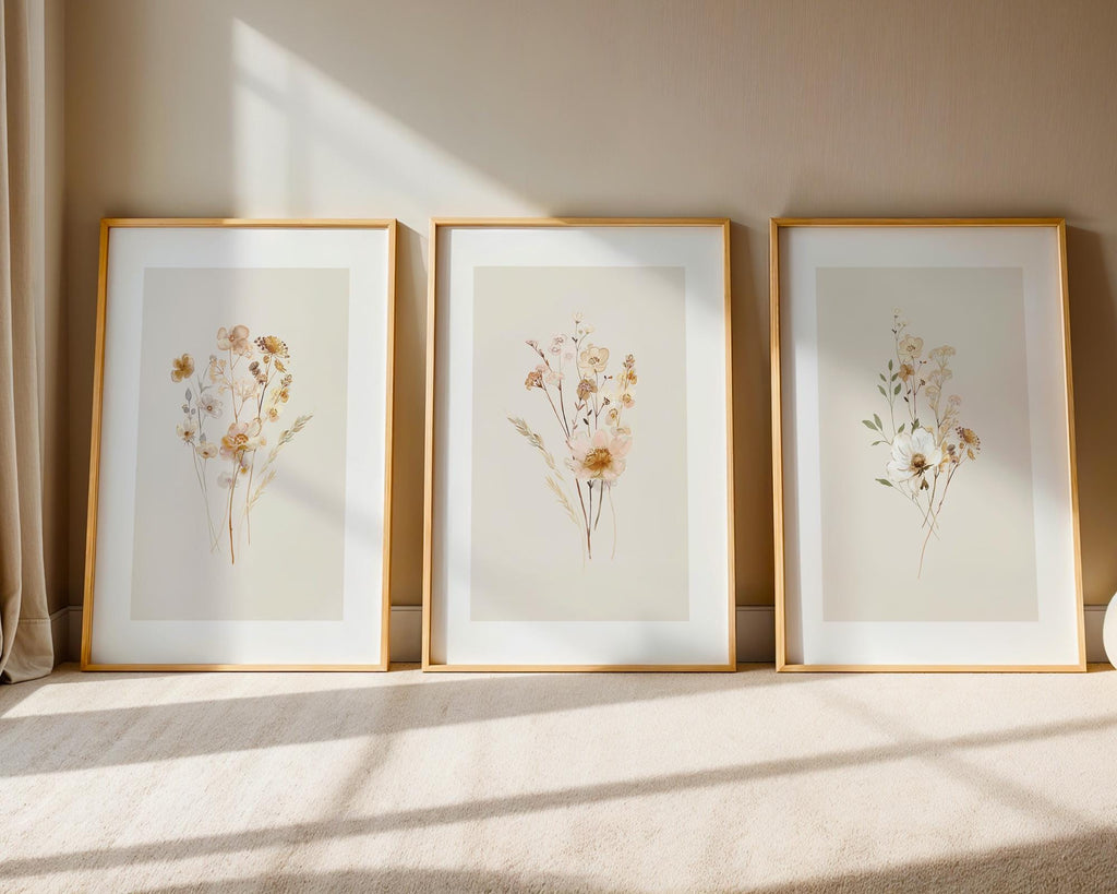 Neutral Wall Art Set of 3 Botanical Prints, Boho Floral Wall Art Bundle, Neutral Wall Decor with Flower Art in Terracotta Tones, Home Decor