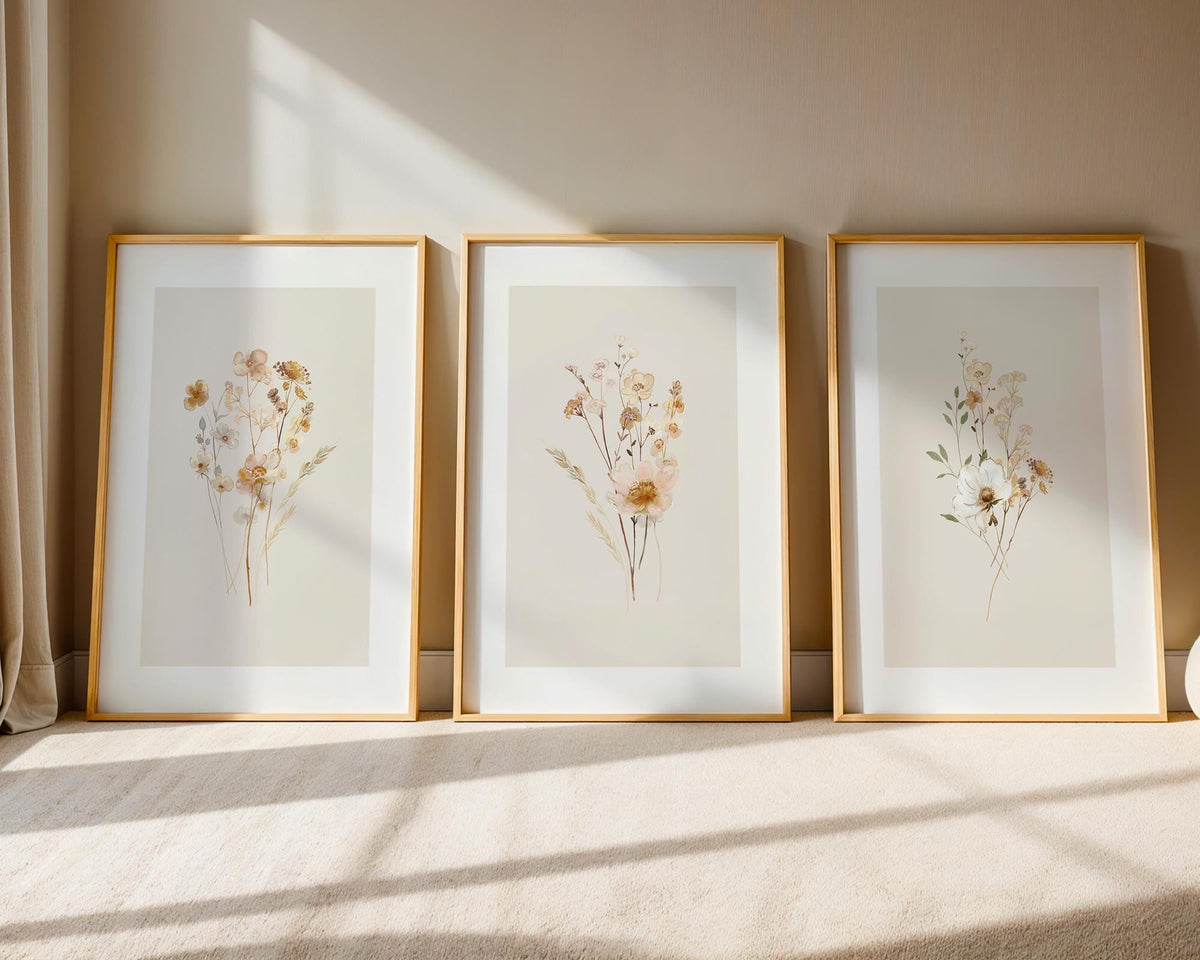 Neutral Wall Art Set of 3 Botanical Prints, Boho Floral Wall Art Bundle, Neutral Wall Decor with Flower Art in Terracotta Tones, Home Decor