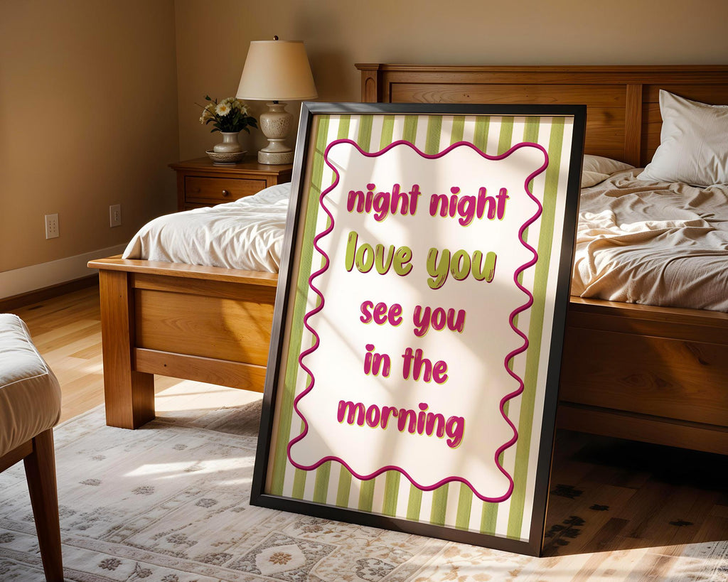 Night Night Love You Poster, Bright Bedroom Prints, Bold Typography Poster, Romantic Bedroom Decor For Couples, Pink and Green Wall Art