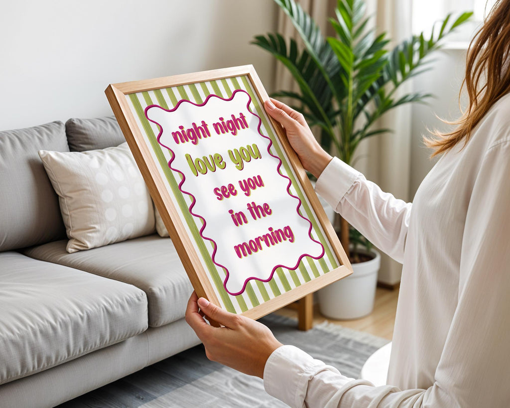 Night Night Love You Poster, Bright Bedroom Prints, Bold Typography Poster, Romantic Bedroom Decor For Couples, Pink and Green Wall Art