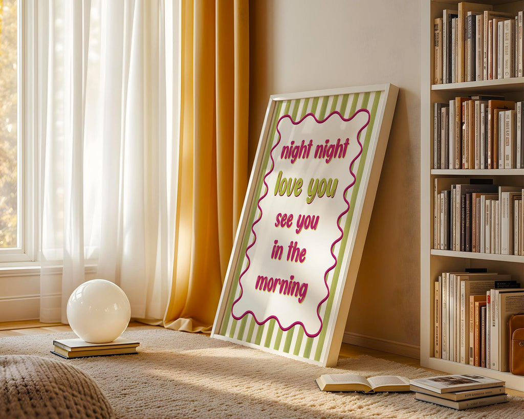 Night Night Love You Poster, Bright Bedroom Prints, Bold Typography Poster, Romantic Bedroom Decor For Couples, Pink and Green Wall Art