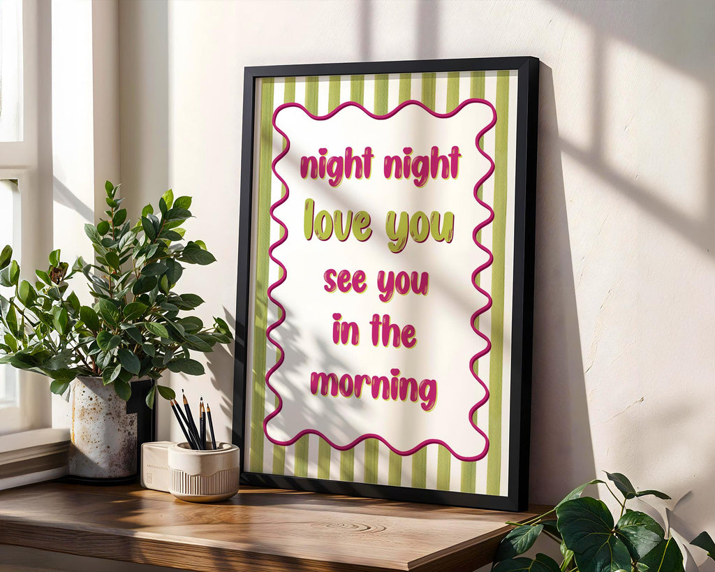 Night Night Love You Poster, Bright Bedroom Prints, Bold Typography Poster, Romantic Bedroom Decor For Couples, Pink and Green Wall Art