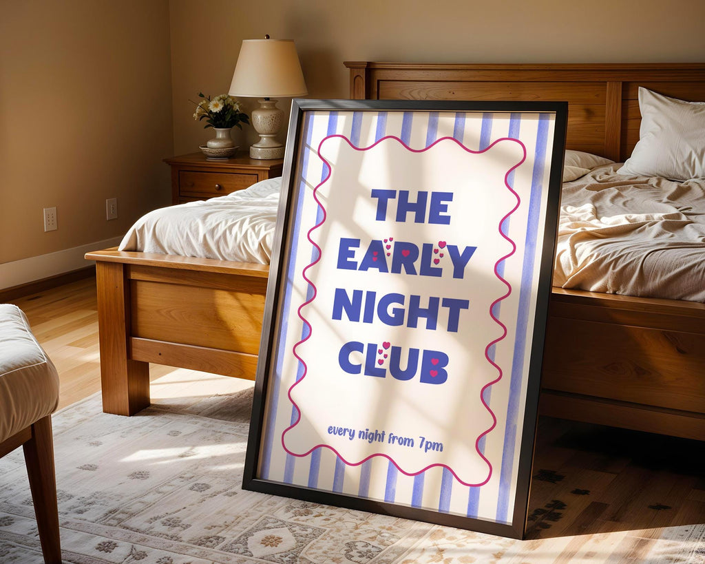 Early Night Club Print, Unframed Art, Maximalist Art Prints, Typography Poster For Bedroom, Cute Striped Wall Art Blue, Popular Wall Art