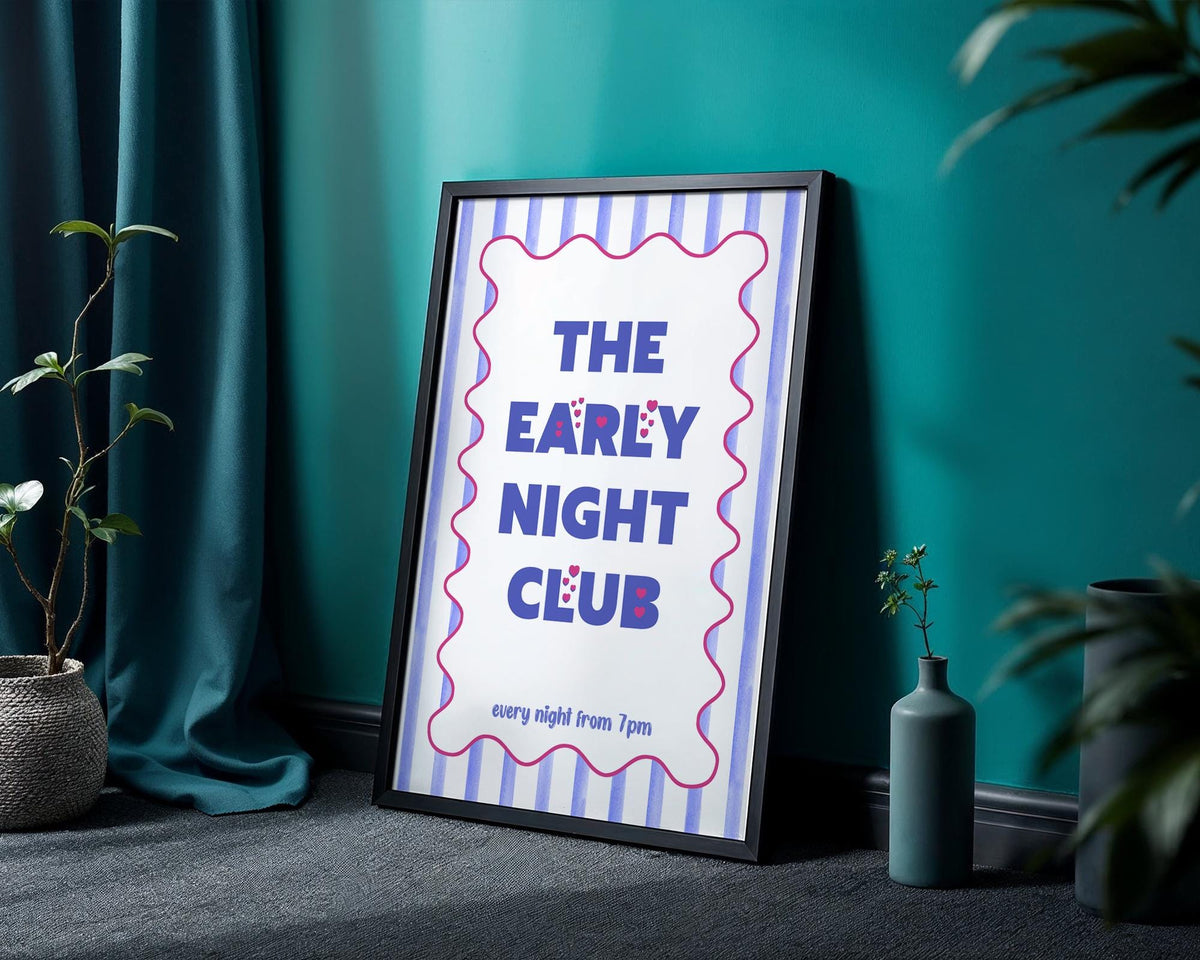 Early Night Club Print, Unframed Art, Maximalist Art Prints, Typography Poster For Bedroom, Cute Striped Wall Art Blue, Popular Wall Art