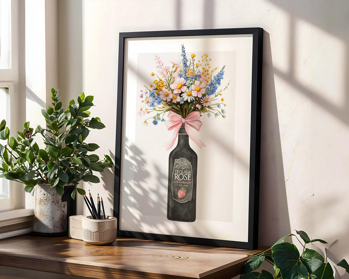 Tequila Rose Print, Bottle With Flowers, Strawberry Wall Art, Strawberry Illustration, Floral Artwork For Walls, A5 A4 A3