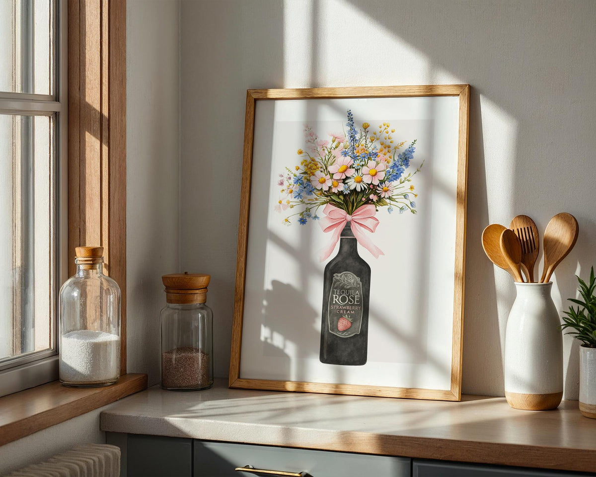 Tequila Rose Print, Bottle With Flowers, Strawberry Wall Art, Strawberry Illustration, Floral Artwork For Walls, A5 A4 A3