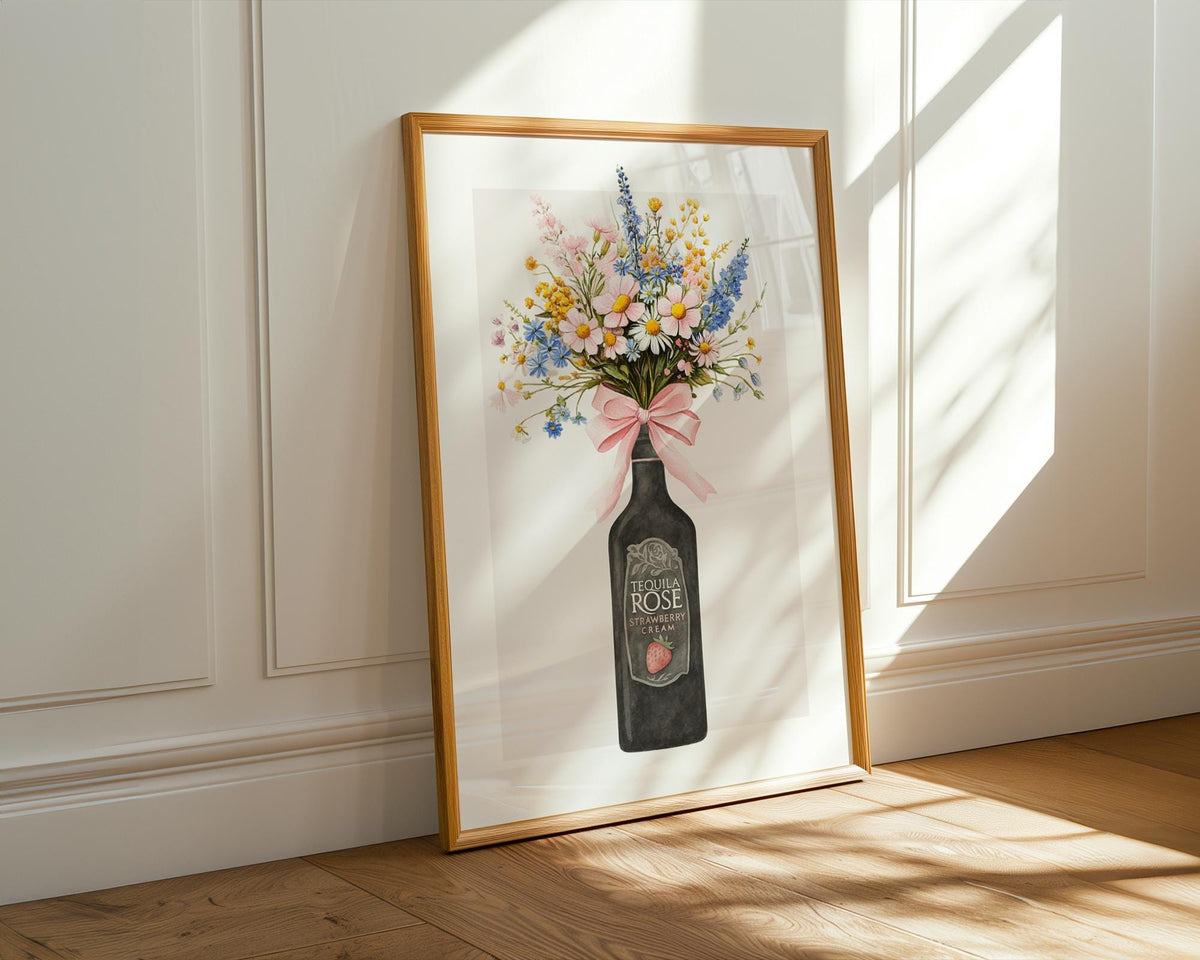 Tequila Rose Print, Bottle With Flowers, Strawberry Wall Art, Strawberry Illustration, Floral Artwork For Walls, A5 A4 A3