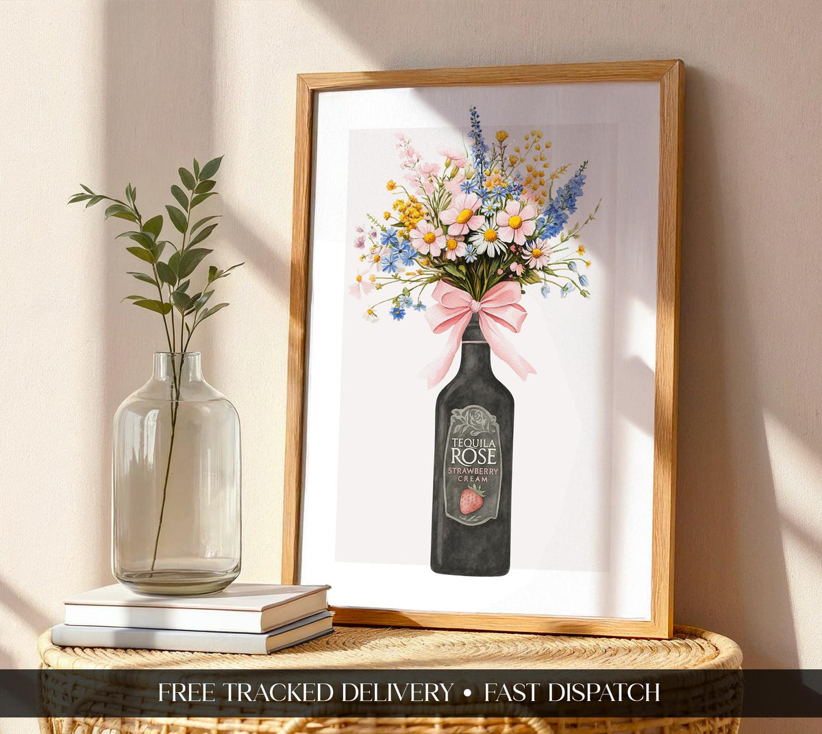 Tequila Rose Print, Bottle With Flowers, Strawberry Wall Art, Strawberry Illustration, Floral Artwork For Walls, A5 A4 A3