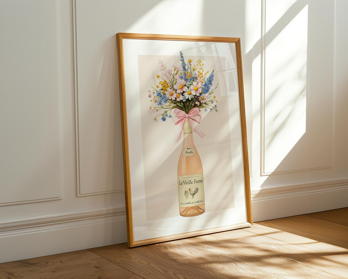 Wine Bottle With Flowers Wall Art Print, Chicken Wine Print, La Vieille Ferme and Flowers Illustration, Modern Cottage Kitchen Poster