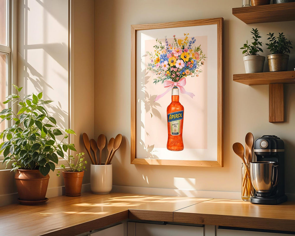 Aperol Bottle with Flowers Wall Art Print, Retro Italian Kitchen Poster, Aperol Spritz Bottles Flower Wall Decor, Gift for Her