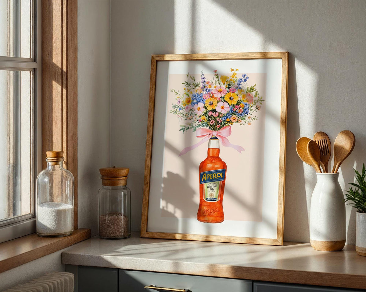 Aperol Bottle with Flowers Wall Art Print, Retro Italian Kitchen Poster, Aperol Spritz Bottles Flower Wall Decor, Gift for Her