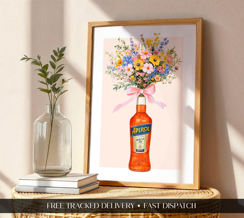 Aperol Bottle with Flowers Wall Art Print, Retro Italian Kitchen Poster, Aperol Spritz Bottles Flower Wall Decor, Gift for Her