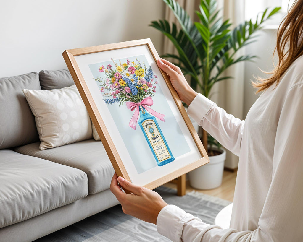 Gin Bottle with Flower Bouquet Wall Art Print, Bombay Sapphire Poster, Cottage Garden Floral Wall Art, Kitchen Prints For Walls
