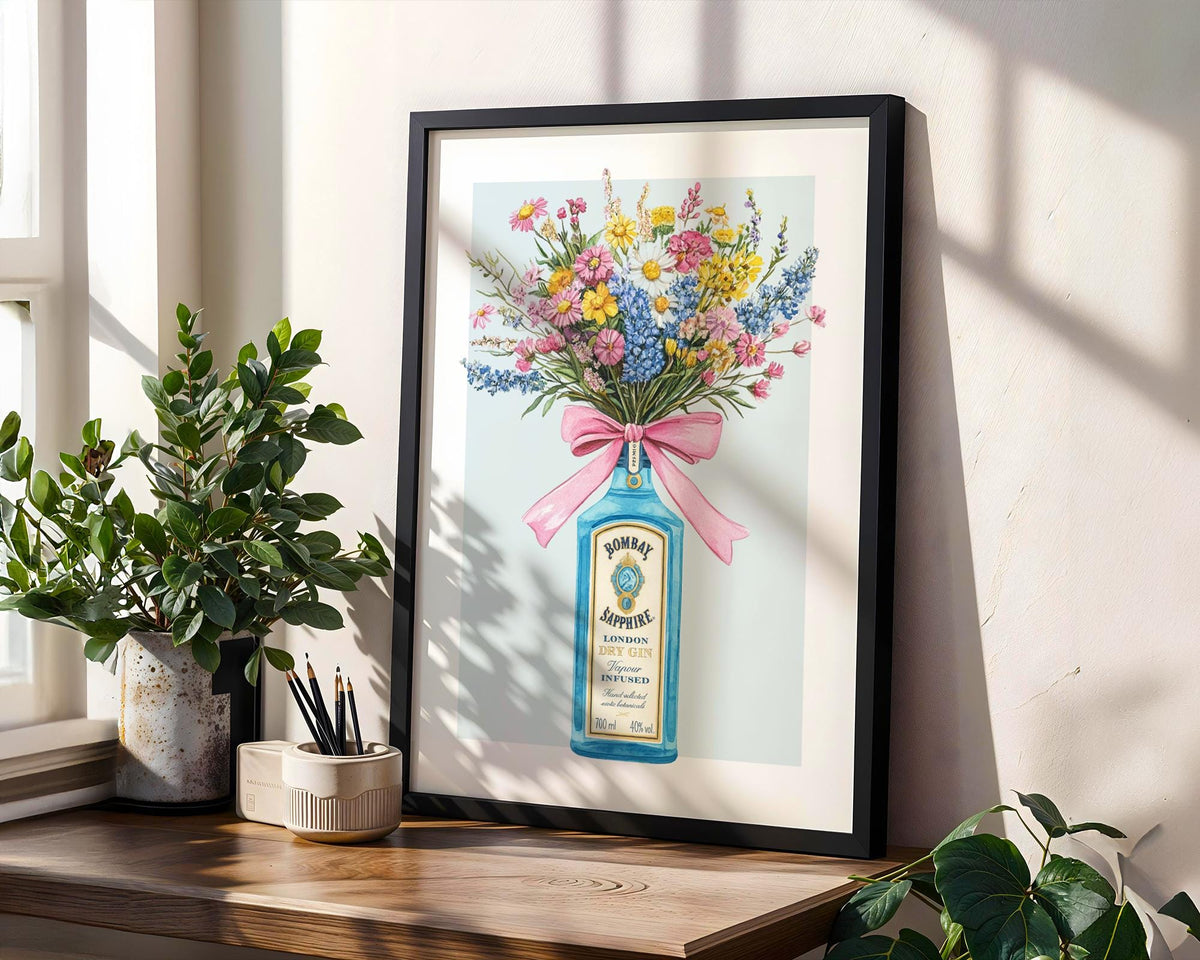 Gin Bottle with Flower Bouquet Wall Art Print, Bombay Sapphire Poster, Cottage Garden Floral Wall Art, Kitchen Prints For Walls
