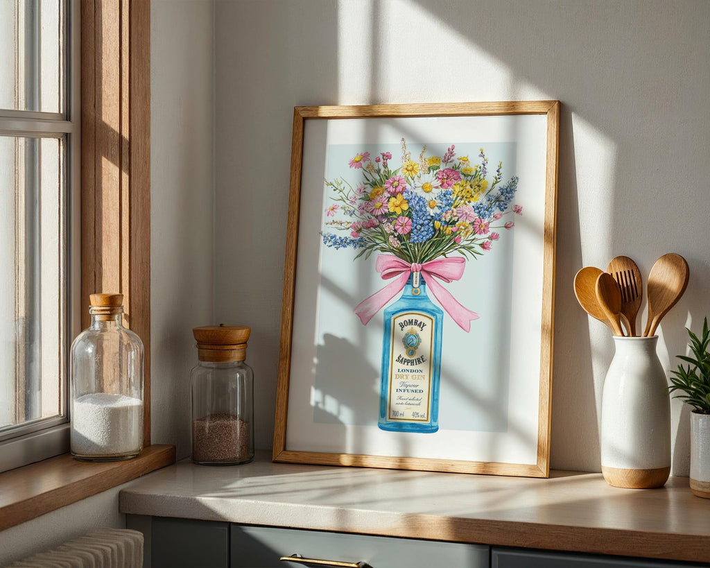 Gin Bottle with Flower Bouquet Wall Art Print, Bombay Sapphire Poster, Cottage Garden Floral Wall Art, Kitchen Prints For Walls