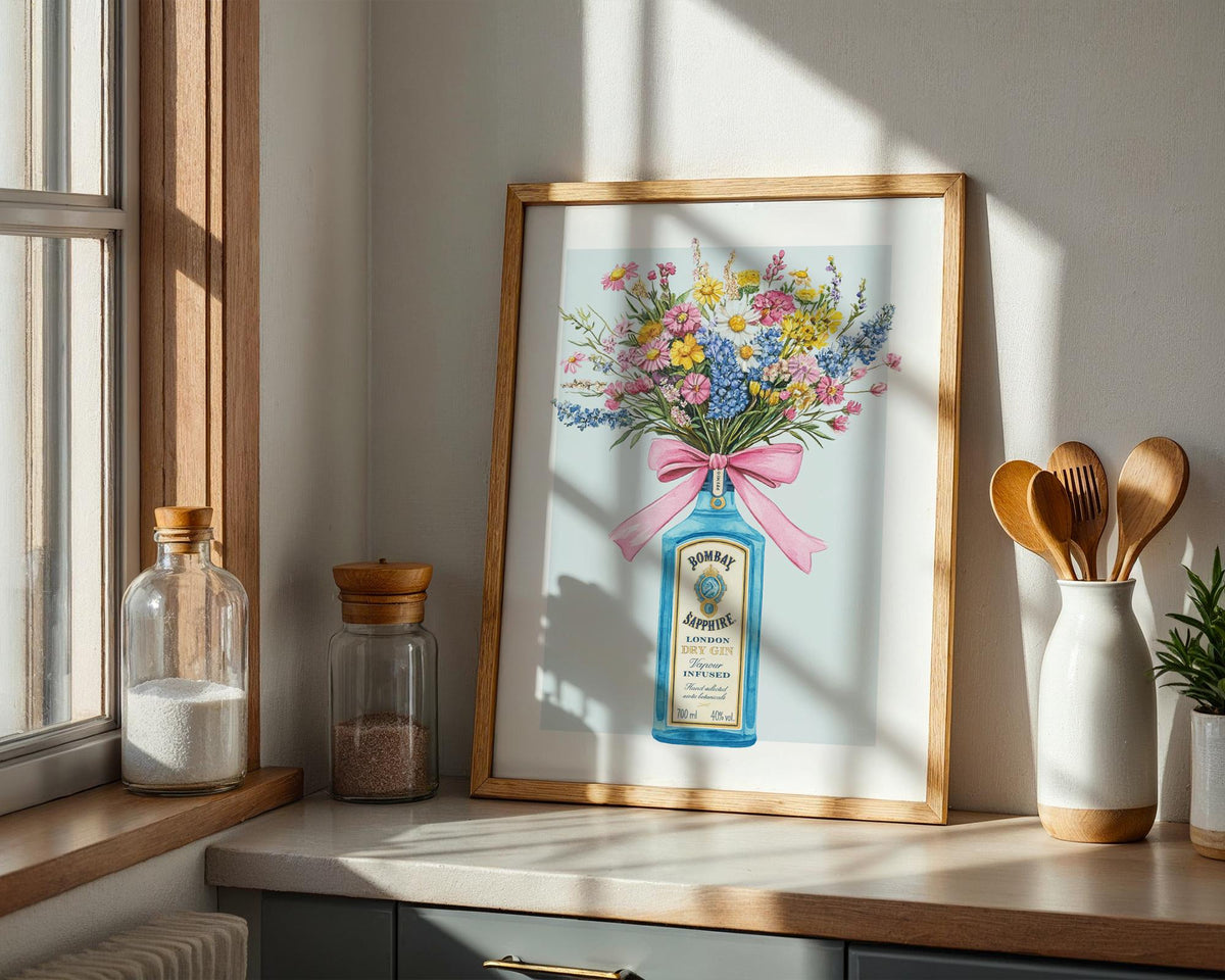 Gin Bottle with Flower Bouquet Wall Art Print, Bombay Sapphire Poster, Cottage Garden Floral Wall Art, Kitchen Prints For Walls