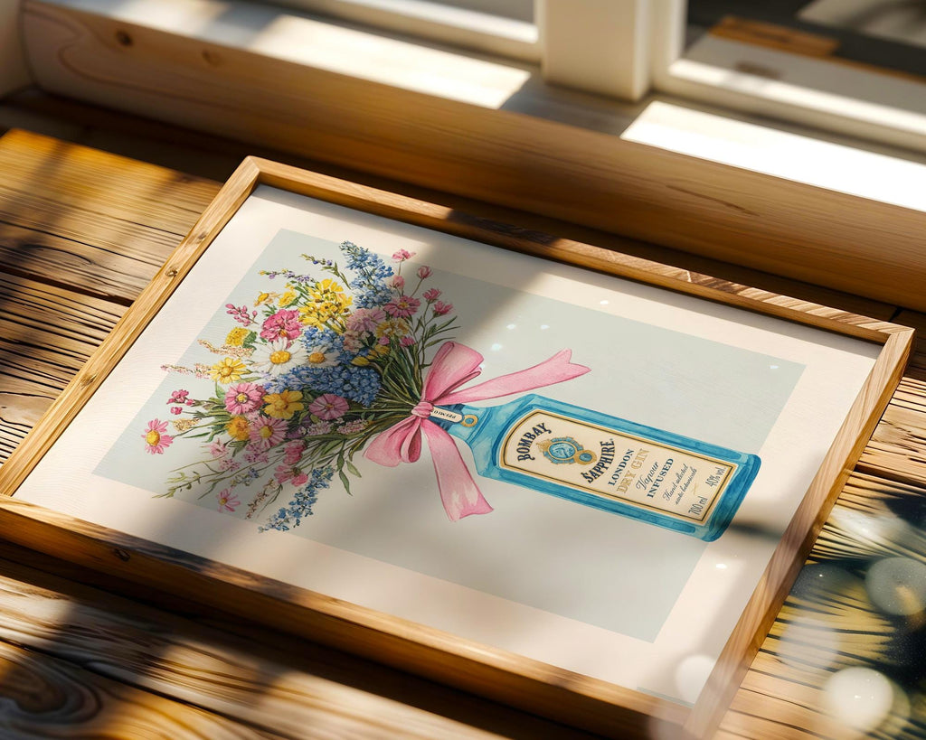 Gin Bottle with Flower Bouquet Wall Art Print, Bombay Sapphire Poster, Cottage Garden Floral Wall Art, Kitchen Prints For Walls