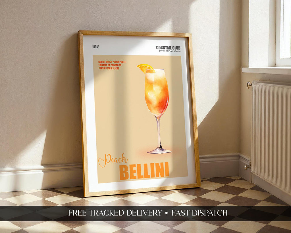 Peach Bellini Print, Prosecco Cocktail Wall Art, Cocktail Recipe Poster For Kitchen, Wall Art For Bar Cart, Signature Drinks Sign