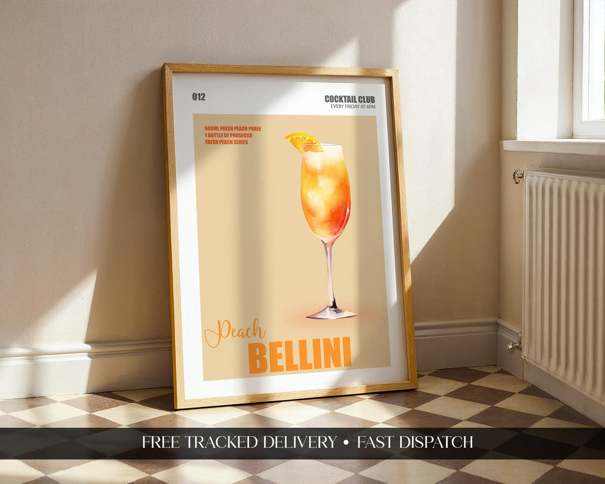 Peach Bellini Print, Prosecco Cocktail Wall Art, Cocktail Recipe Poster For Kitchen, Wall Art For Bar Cart, Signature Drinks Sign