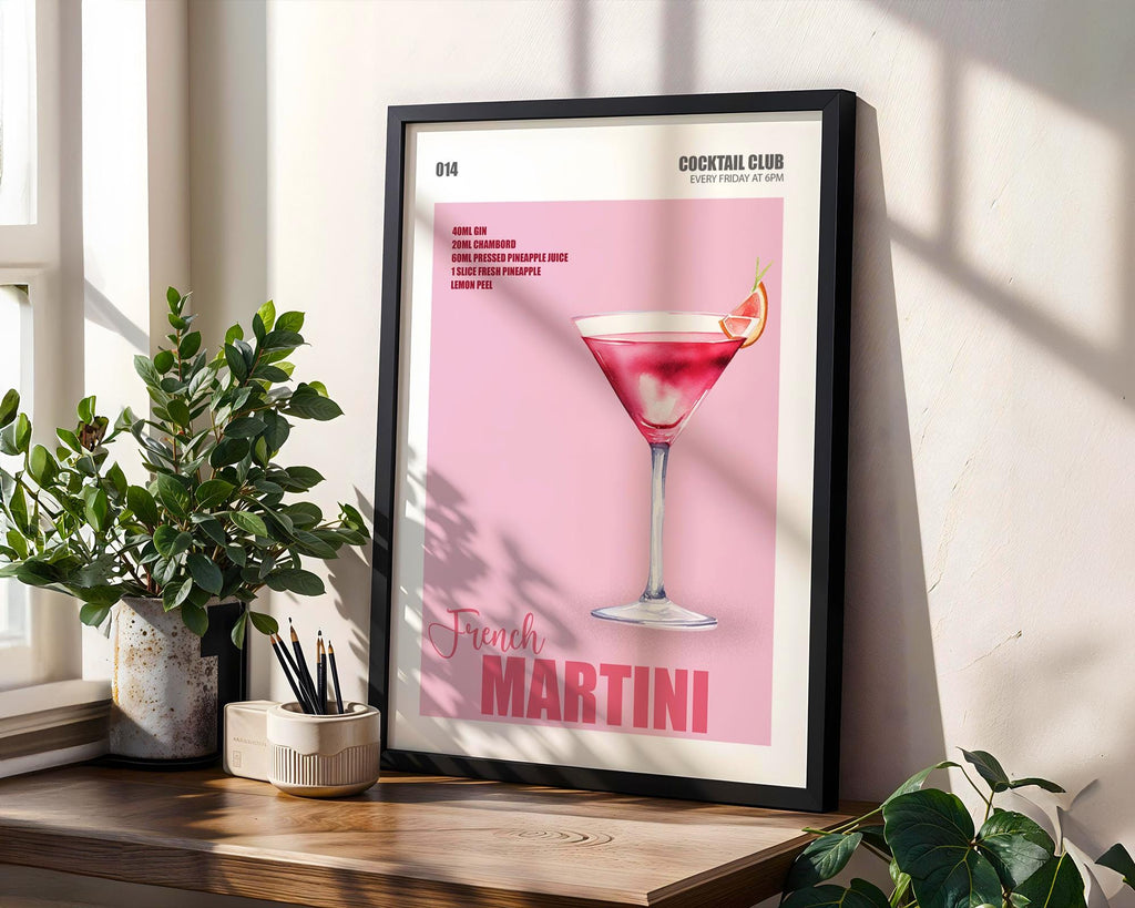French Martini Cocktail Art, Martini Cocktail Poster, Bar Cart Decor Funky, Home Bar Cocktail Print, Cocktail Prints for Kitchen
