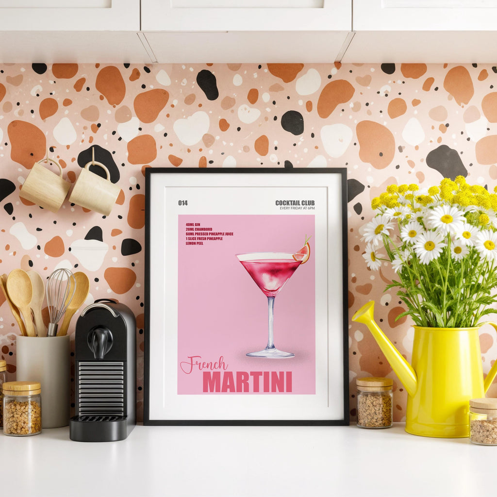 French Martini Cocktail Art, Martini Cocktail Poster, Bar Cart Decor Funky, Home Bar Cocktail Print, Cocktail Prints for Kitchen