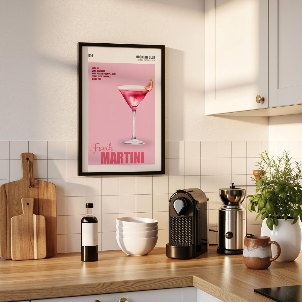 French Martini Cocktail Art, Martini Cocktail Poster, Bar Cart Decor Funky, Home Bar Cocktail Print, Cocktail Prints for Kitchen