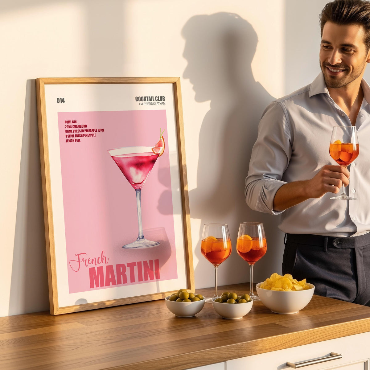 French Martini Cocktail Art, Martini Cocktail Poster, Bar Cart Decor Funky, Home Bar Cocktail Print, Cocktail Prints for Kitchen