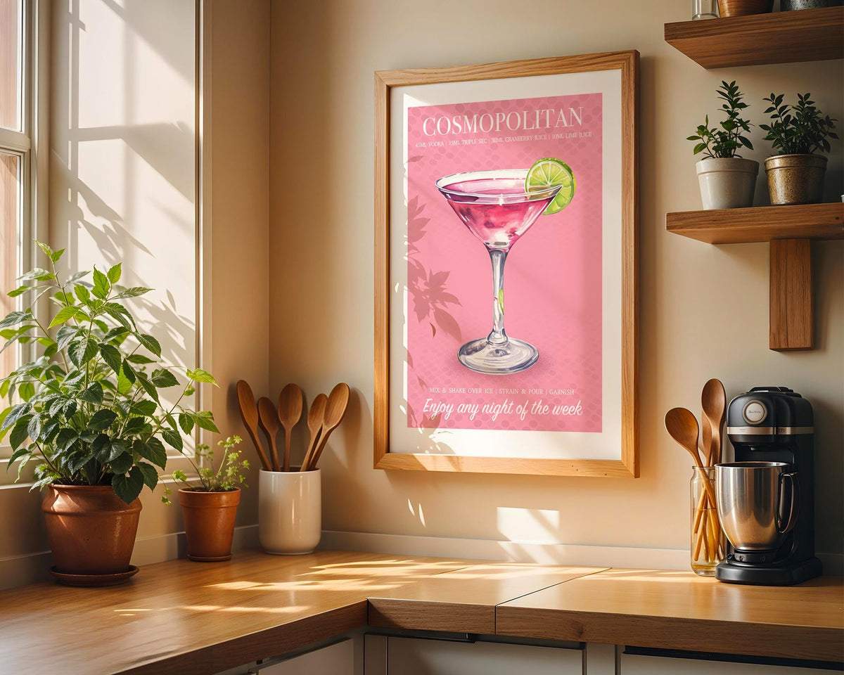 Cosmopolitan Cocktail Print, Cocktail Posters For Room, Cosmo Drinks Print, Cocktail Recipe Poster, Wall Art For Bar Cart