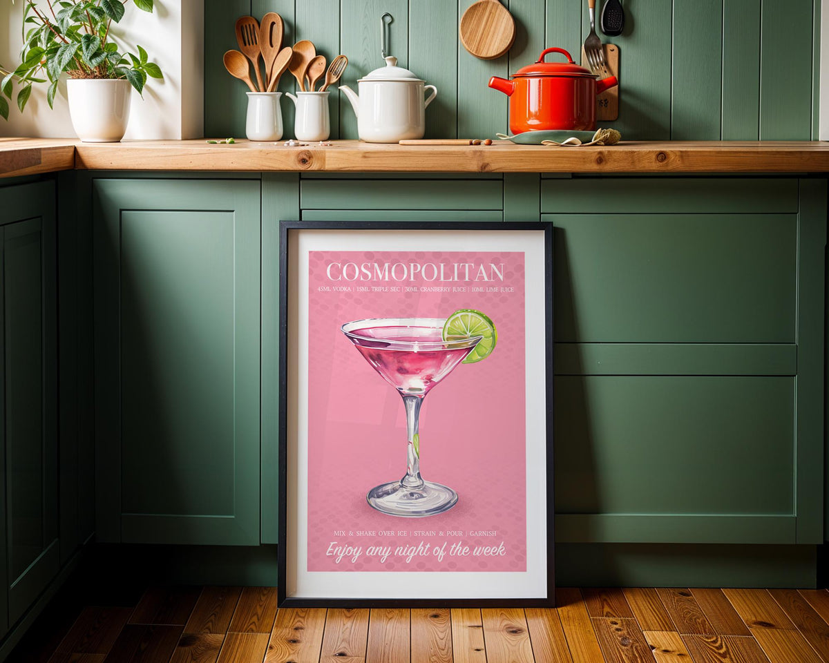 Cosmopolitan Cocktail Print, Cocktail Posters For Room, Cosmo Drinks Print, Cocktail Recipe Poster, Wall Art For Bar Cart