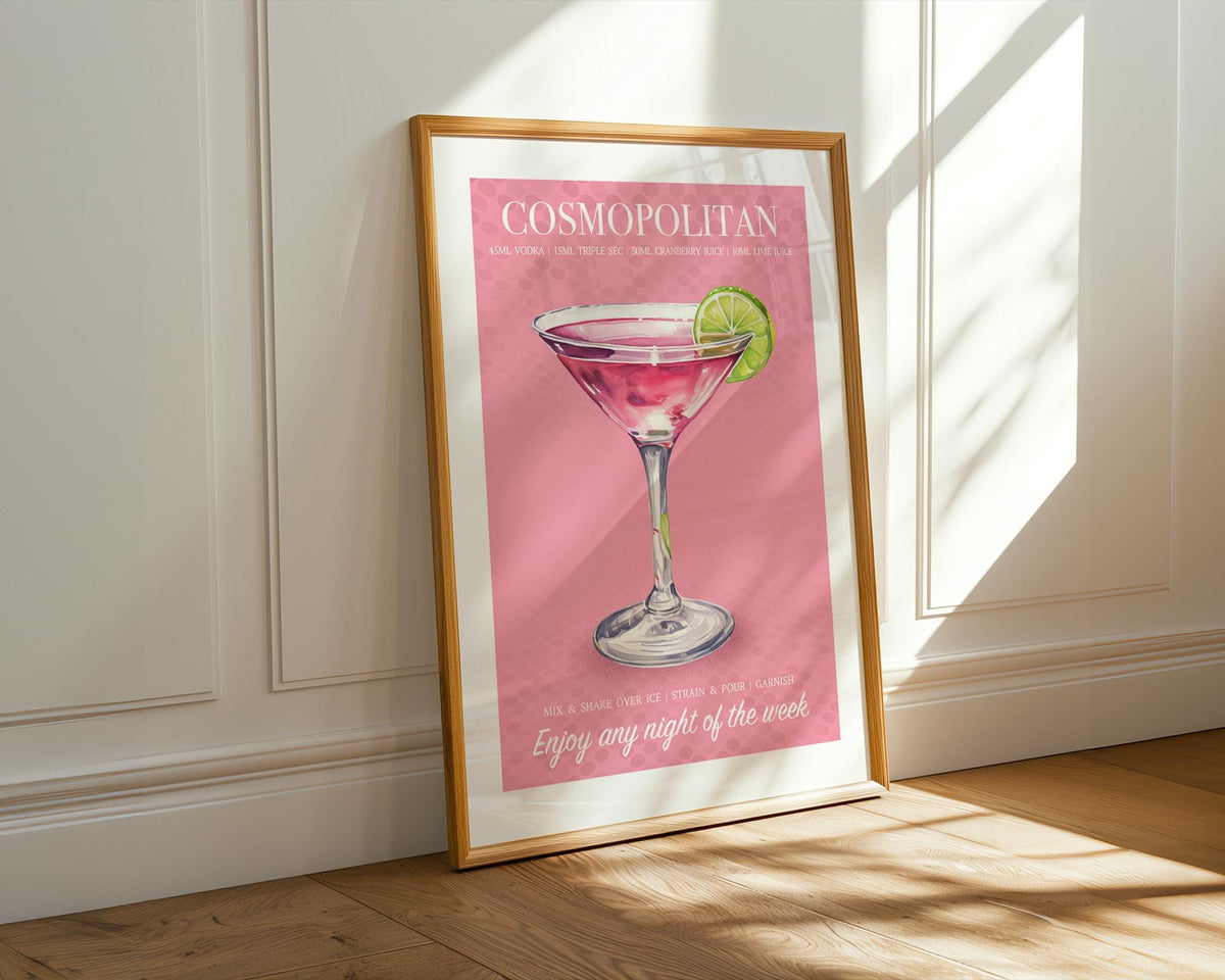 Cosmopolitan Cocktail Print, Cocktail Posters For Room, Cosmo Drinks Print, Cocktail Recipe Poster, Wall Art For Bar Cart