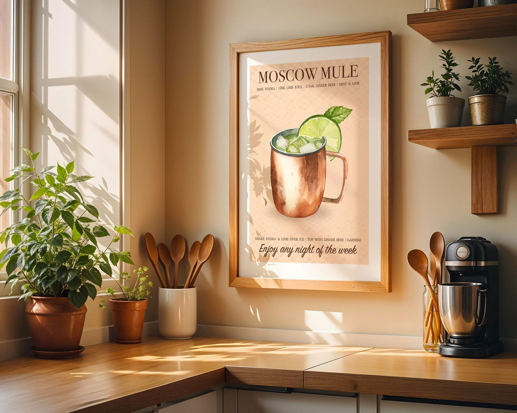 Moscow Mule Print: Retro Bar Cart Posters, Cocktail Recipe Poster, Vodka Gift Ideas, Cocktail Wall Art Set Of 6, Cocktail Decor For Walls