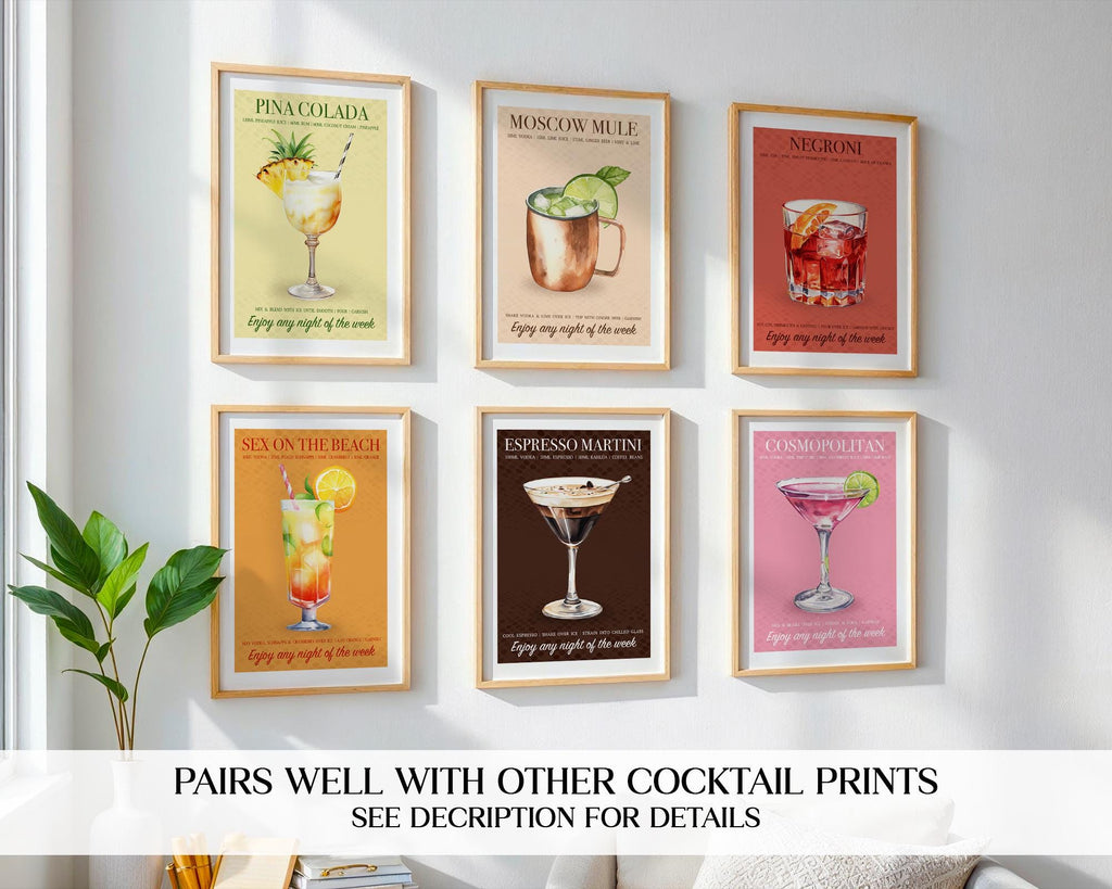 Moscow Mule Print: Retro Bar Cart Posters, Cocktail Recipe Poster, Vodka Gift Ideas, Cocktail Wall Art Set Of 6, Cocktail Decor For Walls
