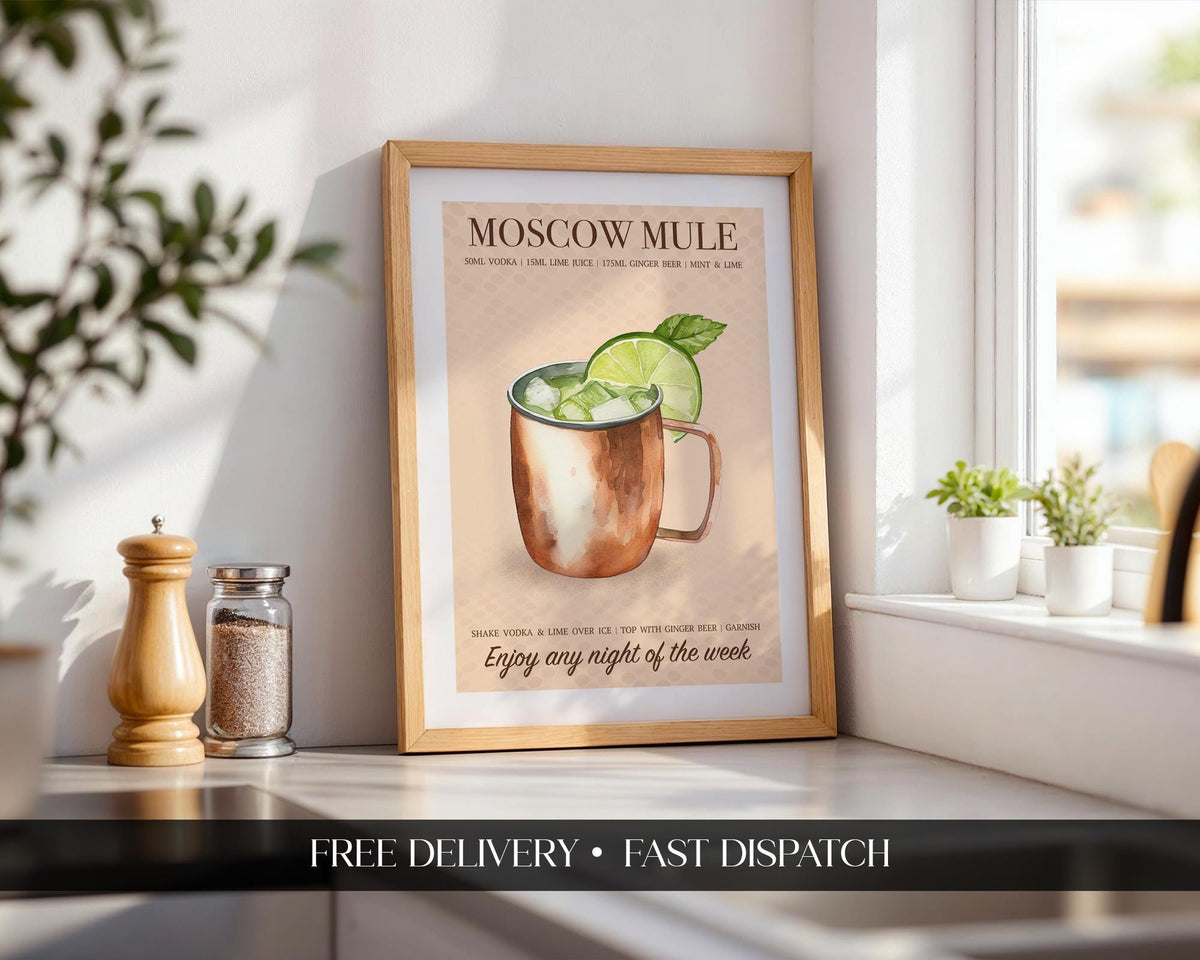 Moscow Mule Print: Retro Bar Cart Posters, Cocktail Recipe Poster, Vodka Gift Ideas, Cocktail Wall Art Set Of 6, Cocktail Decor For Walls