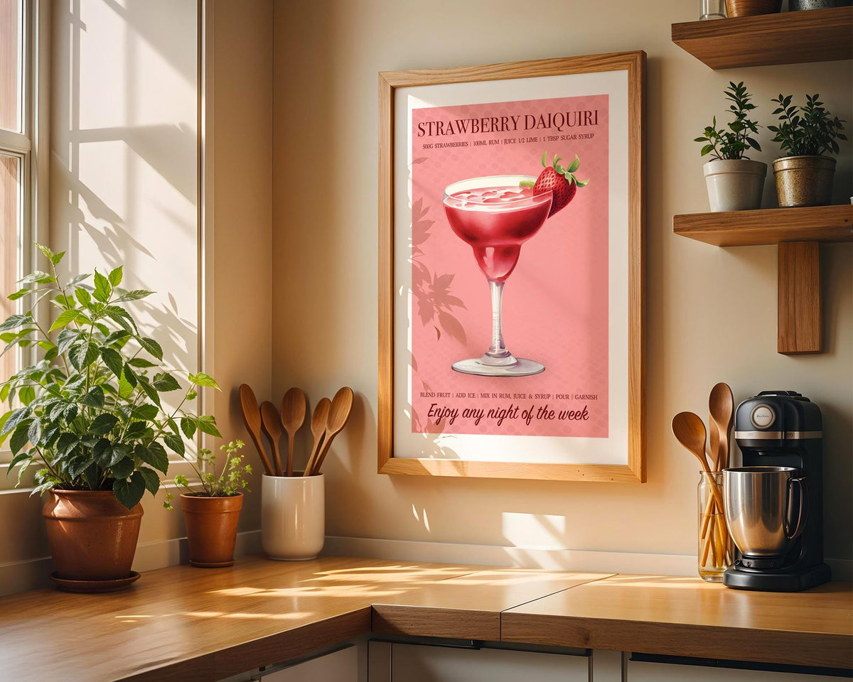 Strawberry Daiquiri Print, Strawberry Wall Art For Kitchen, Cocktail Recipe Poster, Strawberry Home Decor, Cocktail Gifts For Her