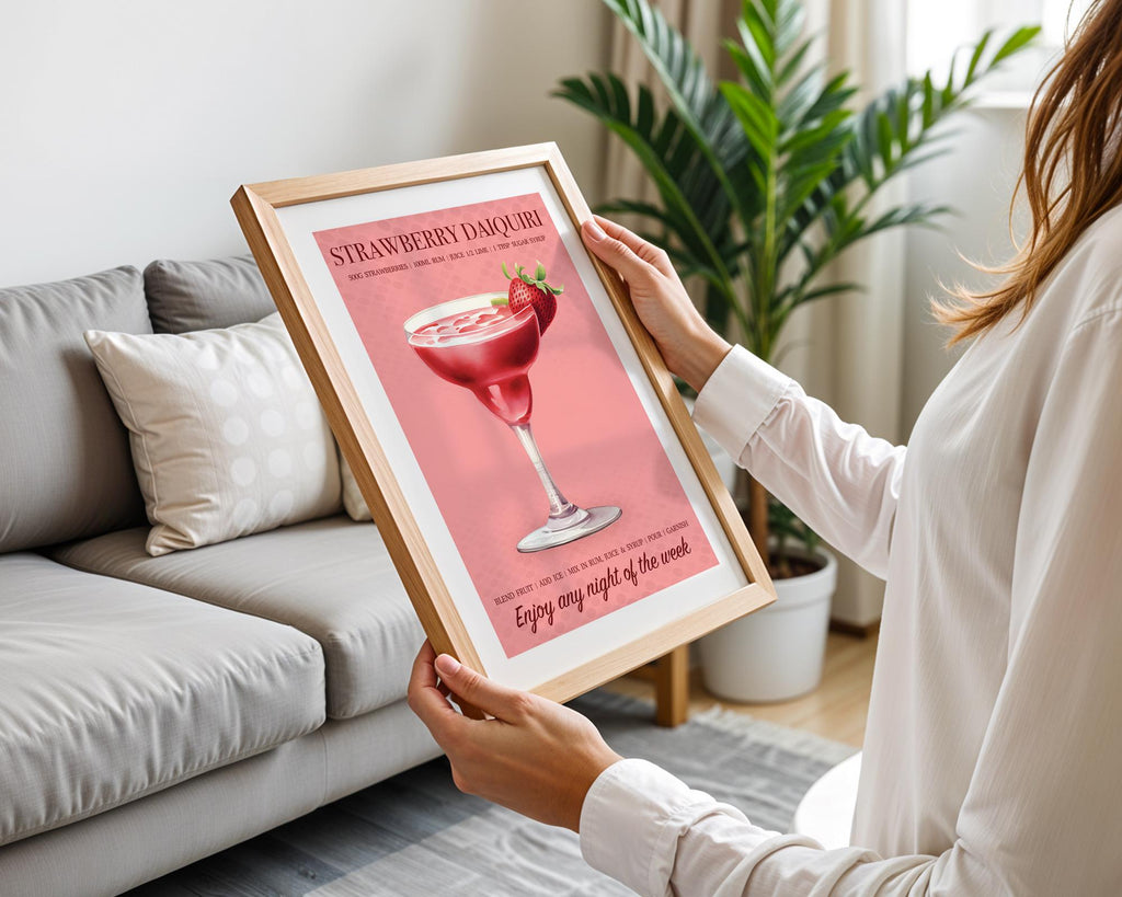 Strawberry Daiquiri Print, Strawberry Wall Art For Kitchen, Cocktail Recipe Poster, Strawberry Home Decor, Cocktail Gifts For Her