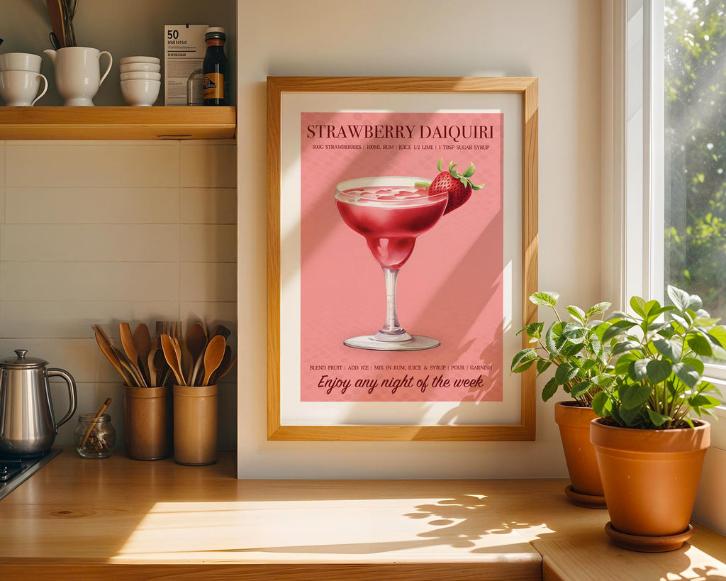Strawberry Daiquiri Print, Strawberry Wall Art For Kitchen, Cocktail Recipe Poster, Strawberry Home Decor, Cocktail Gifts For Her
