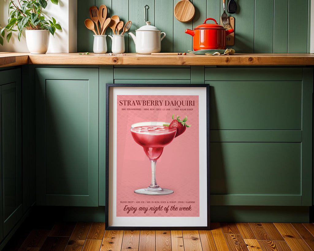 Strawberry Daiquiri Print, Strawberry Wall Art For Kitchen, Cocktail Recipe Poster, Strawberry Home Decor, Cocktail Gifts For Her