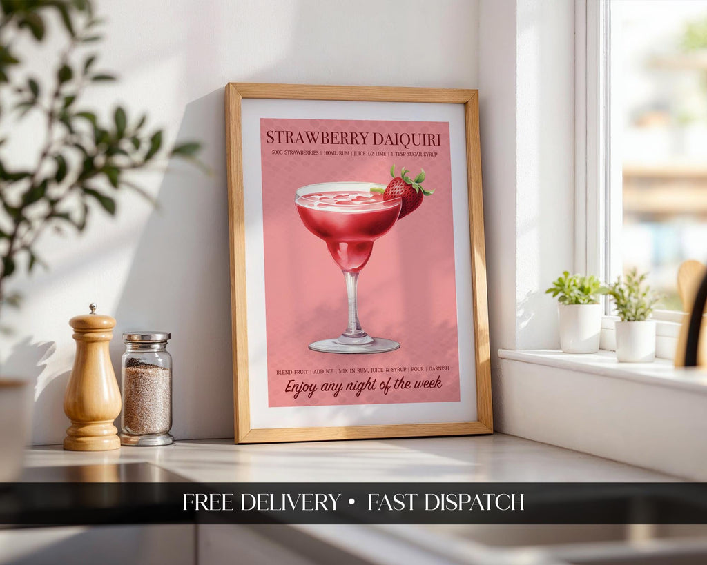 Strawberry Daiquiri Print, Strawberry Wall Art For Kitchen, Cocktail Recipe Poster, Strawberry Home Decor, Cocktail Gifts For Her