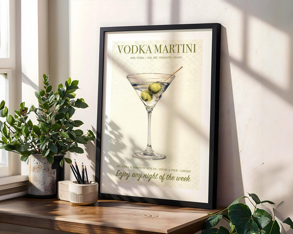 Vodka Martini Poster: Dirty Martini Wall Decor, Illustrated Cocktail Poster, Dirty Martini Gifts For Her, Cocktail Art For Home Bar