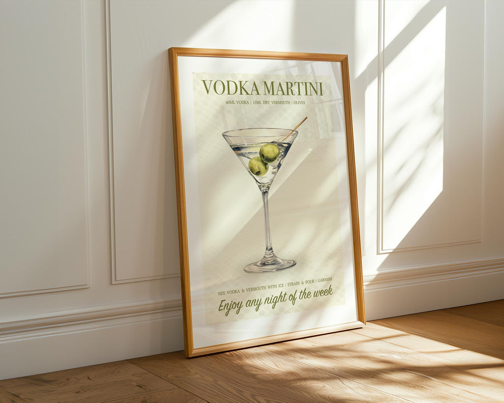 Vodka Martini Poster: Dirty Martini Wall Decor, Illustrated Cocktail Poster, Dirty Martini Gifts For Her, Cocktail Art For Home Bar