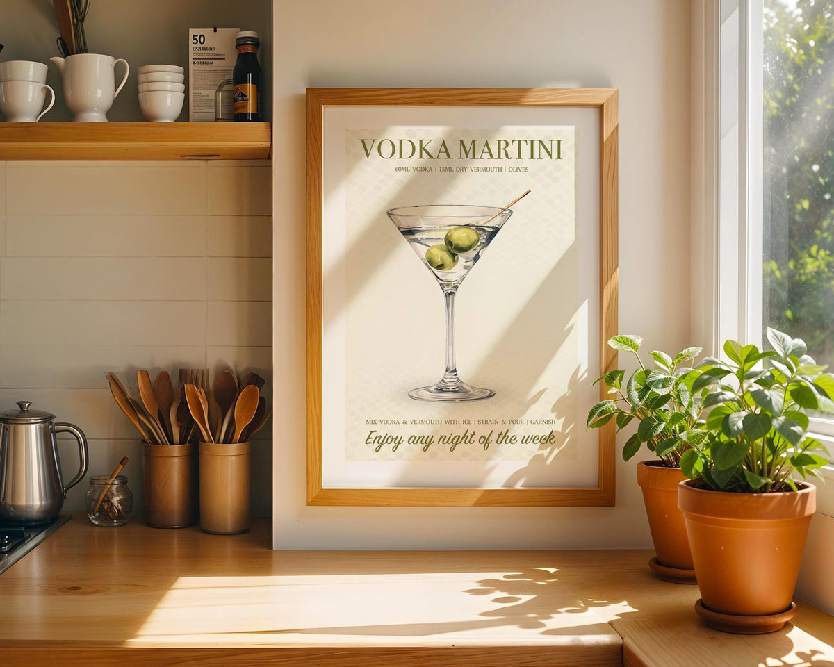 Vodka Martini Poster: Dirty Martini Wall Decor, Illustrated Cocktail Poster, Dirty Martini Gifts For Her, Cocktail Art For Home Bar