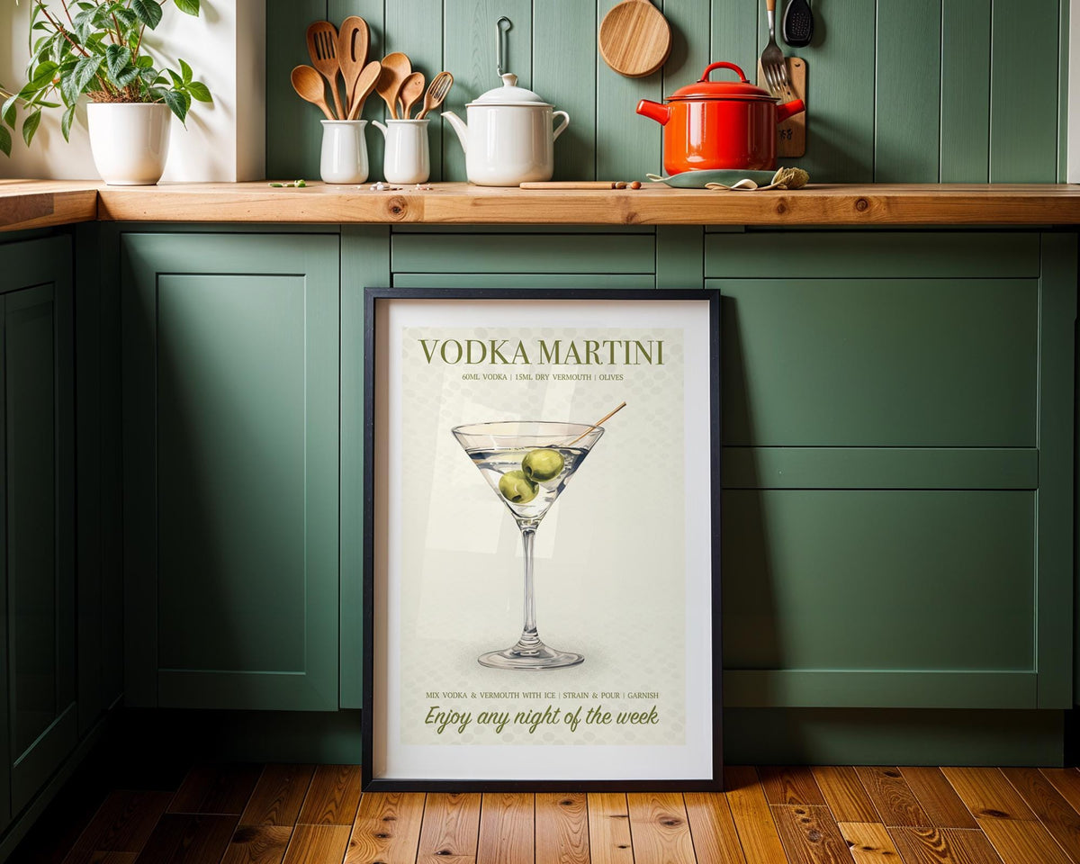 Vodka Martini Poster: Dirty Martini Wall Decor, Illustrated Cocktail Poster, Dirty Martini Gifts For Her, Cocktail Art For Home Bar