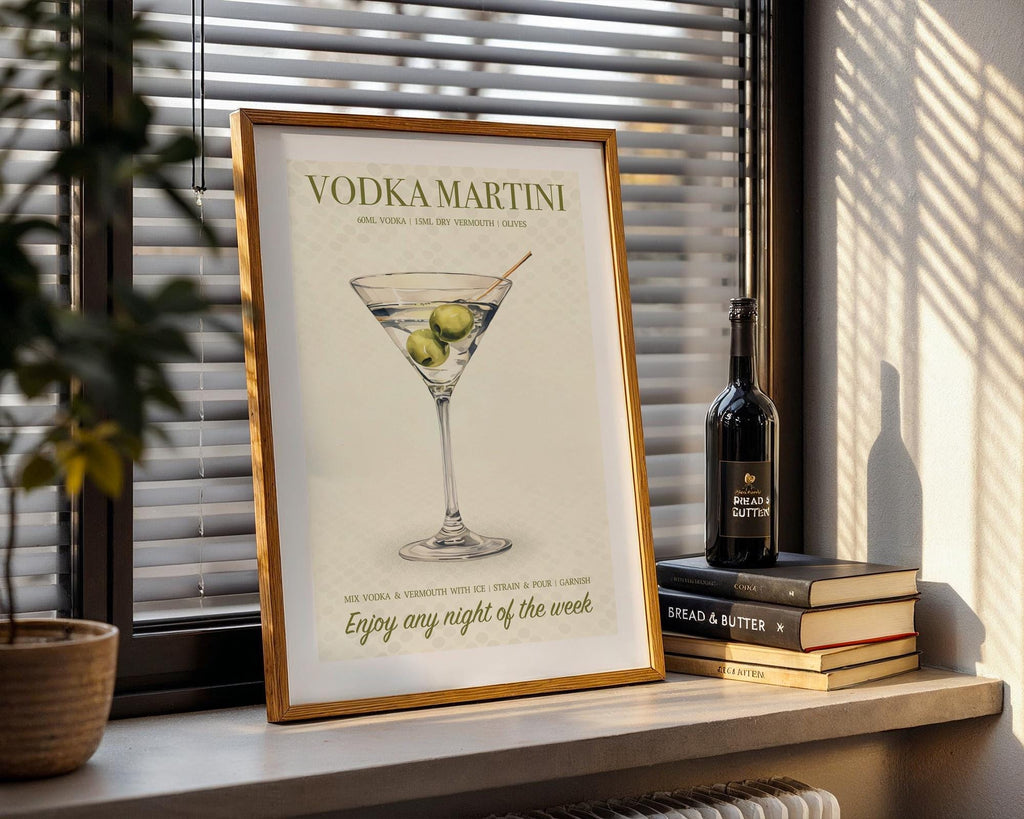 Vodka Martini Poster: Dirty Martini Wall Decor, Illustrated Cocktail Poster, Dirty Martini Gifts For Her, Cocktail Art For Home Bar