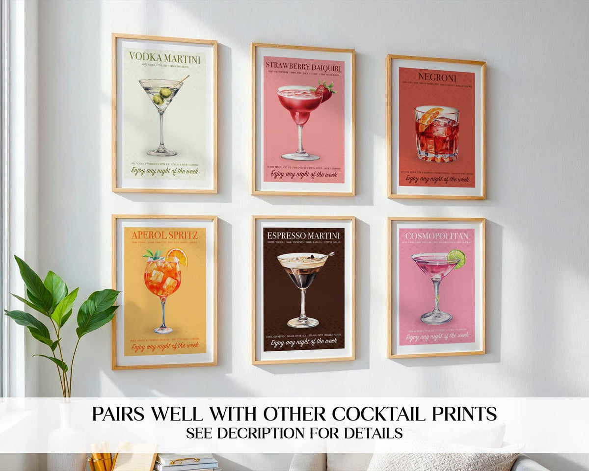 Aperol Spritz Print, Cocktail Kitchen Poster Set, Bar Cart Decor, Cocktail Recipe Prints For A Home Bar, Aperol Spritz Gifts For Her, A4, A5